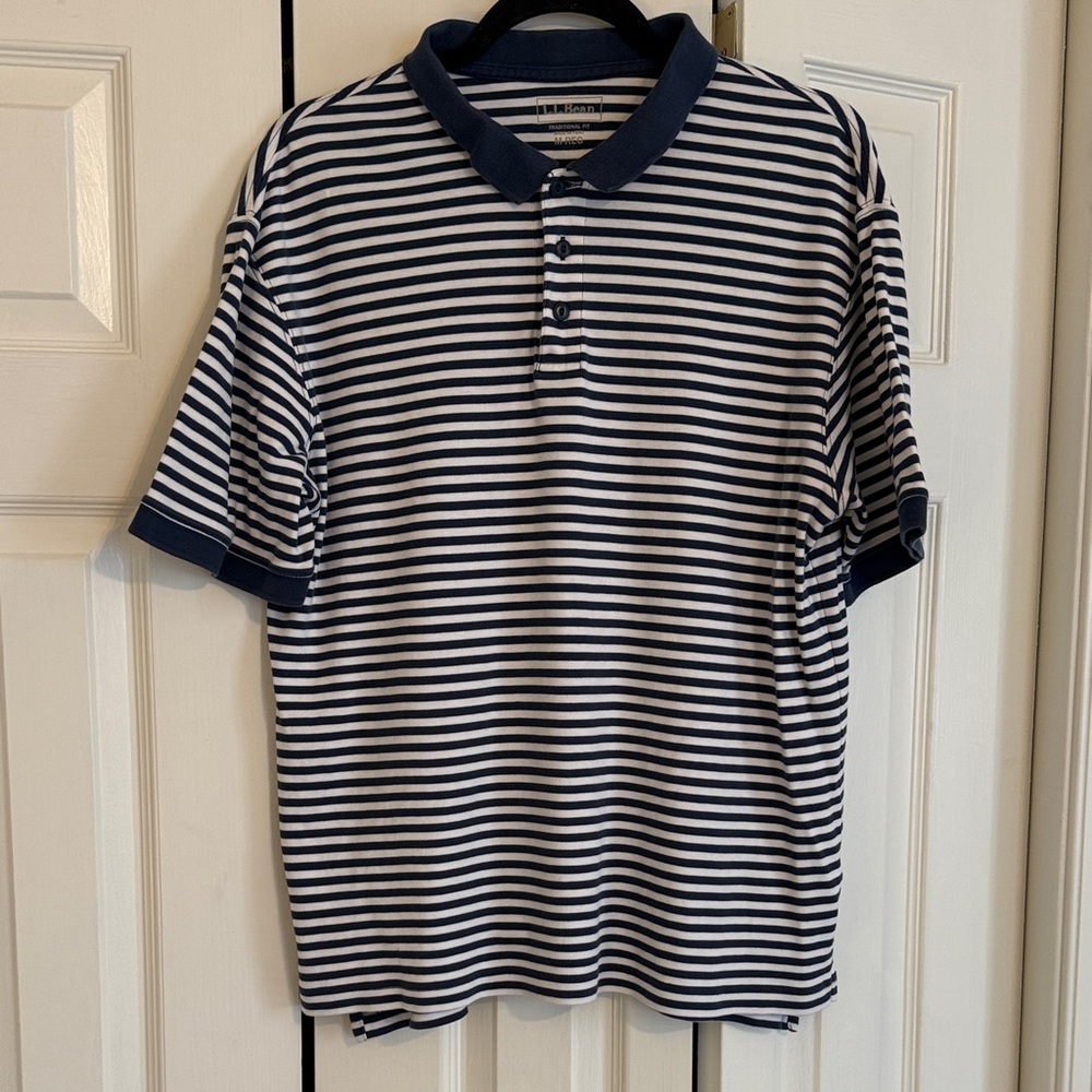 L.L. Bean Navy and White Striped Polo Shirt
